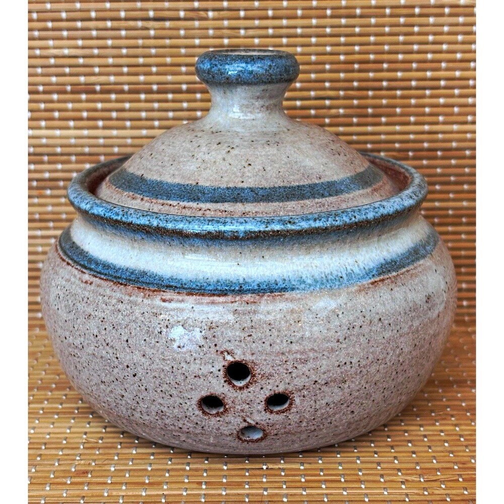 Vintage 1984 Stoneware Garlic Jar Blue Beige Handmade Cottagecore Grandmacore